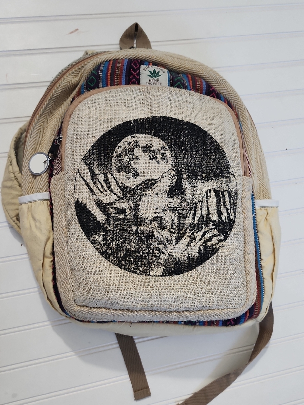 Hemp Canvas Moon Wolf Print Backpack - Natural